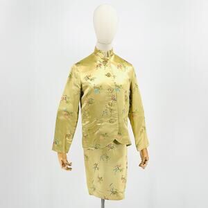 Vintage 60s Couture Gold 100% Silk Satin Embroidered Cheongsam Dress Suit